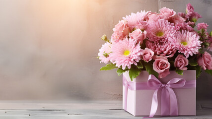 Beautiful bouquet of rose and chrysanthemums flowers and pink gift box on brick wall background.