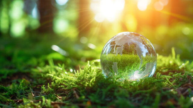 Crystal earth on green grass forest with sunlight. Save the World, earth day, ecology concept.
