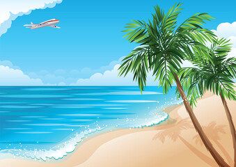 Fototapeta na wymiar Vector illustration - Tropical landscape with beach, sea and palm trees