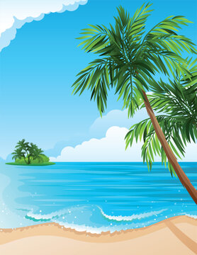 Vector illustration - Tropical landscape with beach, sea and palm trees