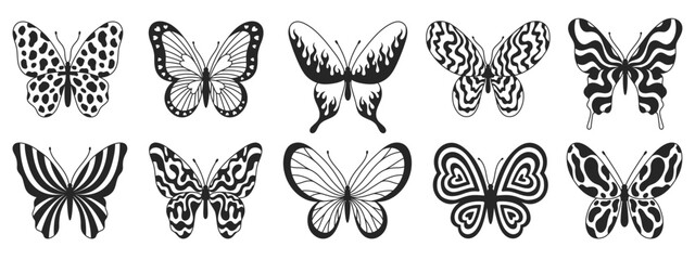 Butterfly first set of black and white wings in the style of wavy lines and organic shapes. Y2k aesthetic, tattoo silhouette, hand drawn stickers. Vector graphic in trendy retro 2000s style.