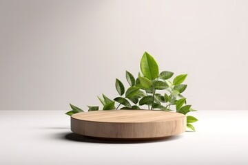 Mock up 3d empty podium with green leaves for organic cosmetic product. Natural round wooden stand for presentation and exhibitions on white background.