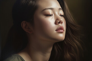 Fototapeta premium A hyper-realistic portrait of a woman with her eyes closed, her head tilted slightly down, and her lips parted in a gentle, peaceful expression.