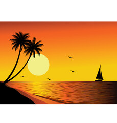 vector illustration of beautiful tropical beach sunset