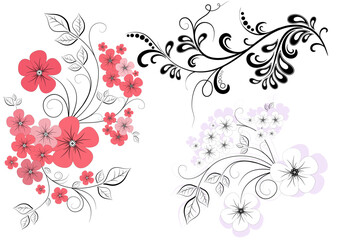 Set decorative branches with flowers  isolated on white (vector)