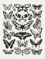 Poster of buterflies with black and white wings in the style of wavy lines and organic shapes. Y2k aesthetic, tattoo silhouette, hand drawn stickers. Vector graphic in trendy retro 2000s style.