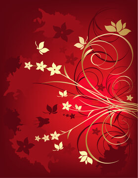 Grunge red and gold floral background with butterfly