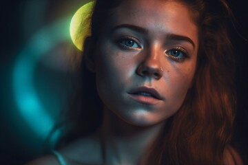 young woman with blue eyes and little makeup on face created with Generative AI technology