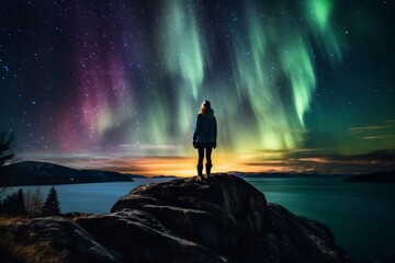 a woman stands on a rock and looks at the luminous night sky created with Generative AI technology