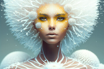 Fantasy woman with dandelion pod hair and garment, fictitious person. AI generated image