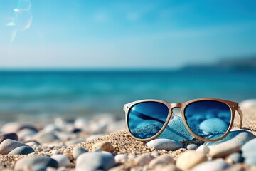 Fototapeta na wymiar Sunglasses on sand at summer beach with sunshine holiday vacation background.