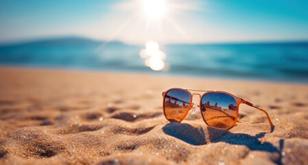 Obraz premium Sunglasses on sand at summer beach with sunshine holiday vacation background.