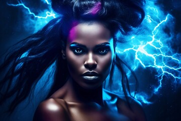 illustration of woman with dark skin color, blue lightning in background created with Generative AI technology