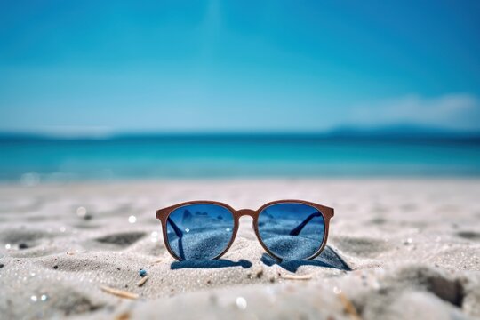 Sunglasses on sand at summer beach with sunshine holiday vacation background.