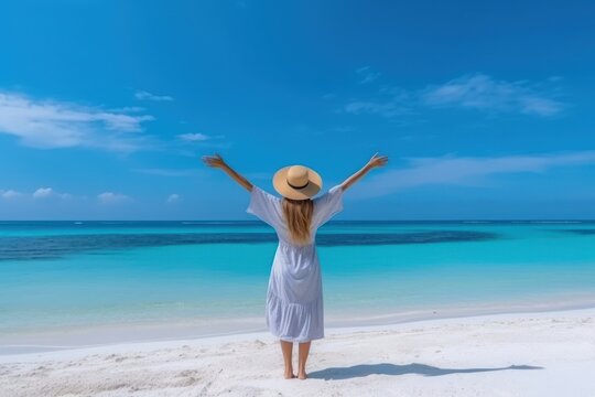 Beautiful woman rise hand up to sky feel relax and freedom on summer beach background.