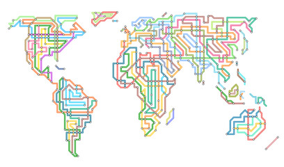 Editable vector illustration of the world in the style of an underground map