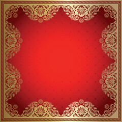 Red background with gold frame from  flowers and leaves