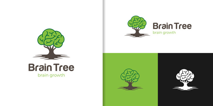 Growing brain logo combination brain logo with tree logo icon design for health mind, Think green logo symbol