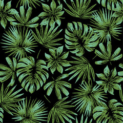 SEAMLESS GRUNGE DISTRESSED HAND PAINTED DRAWN TROPICAL FERN PALM FLORAL PATTERN SWATCH	