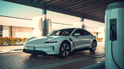 Obraz na płótnie Canvas EV car in EV Station, green living concept, Generative AI