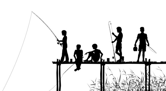 Editable vector silhouettes of children fishing from a wooden jetty with all elements as separate objects