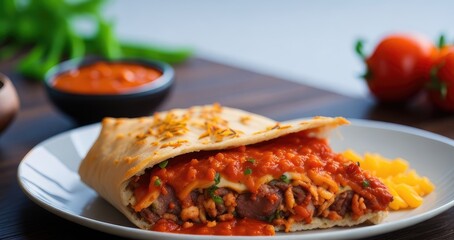 Fototapeta premium Egg martabak filled with minced meat and vegetables with spicy sauce