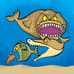 Big fish eats small cartoon illustration.