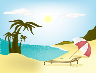 Fototapeta na wymiar Illustration sea, beach, palm trees and sun loungers with umbrella