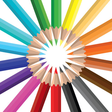 Circle of brightly coloured pencils on a white background