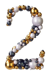 Number 2, Two of jewelry balls in black and yellow gold and pearls. Alphabet from jewellery font serif Isolated on transparent background. 3D render