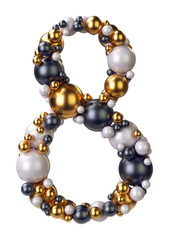 Number 8, Eight of jewelry balls in black and yellow gold and pearls. Alphabet from jewellery font serif Isolated on transparent background. 3D render