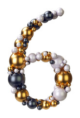 Number 6, Six of jewelry balls in black and yellow gold and pearls. Alphabet from jewellery font serif Isolated on transparent background. 3D render