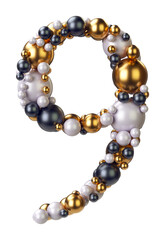 Number 9, Nine of jewelry balls in black and yellow gold and pearls. Alphabet from jewellery font serif Isolated on transparent background. 3D render