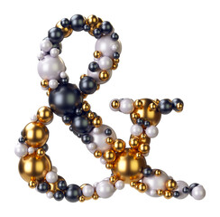 Symbol Ampersand of jewelry balls in black and yellow gold and pearls. Alphabet from jewellery font serif Isolated on transparent background. 3D render