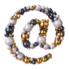 Symbol Email, At of jewelry balls in black and yellow gold and pearls. Alphabet from jewellery font serif Isolated on transparent background. 3D render
