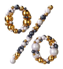 Symbol Percent, Sale Sign of jewelry balls in black and yellow gold and pearls. Alphabet from jewellery font serif Isolated on transparent background. 3D render