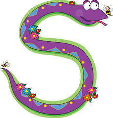 A snake in a garden looking at a bee.  It is shaped like the letter S