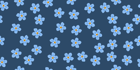 Fototapeta na wymiar SEAMLESS PATTERN OF LITTLE BLUE FLOWERS ON A BLUE BACKGROUND IDEAL FOR CLOTHING PRINTS AND CUSTOM WALLPAPER