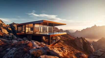a luxury modern house on top of a mountain, Generative AI