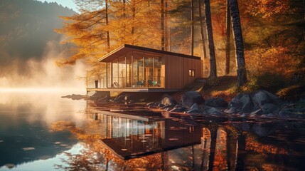 Wooden house on a lake in autumn forest, Generative AI