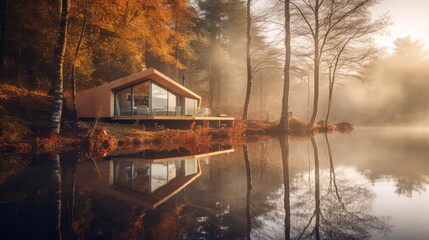 Fototapeta premium Wooden house on a lake in autumn forest, Generative AI