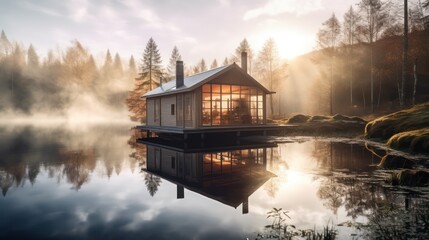 Fototapeta premium Wooden house on a lake in autumn forest, Generative AI