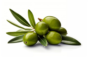 Branch of green olives with leaves on white background. Generative AI.