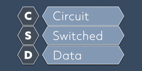 CSD Circuit Switched Data. An Acronym Abbreviation of a term from the software industry. Illustration isolated on blue background - obrazy, fototapety, plakaty