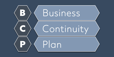BCP Business Continuity Plan. An Acronym Abbreviation of a term from the software industry. Illustration isolated on blue background
