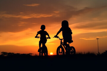 Plakat Sunset activity: Asian kids riding bikes, silhouette Generative AI
