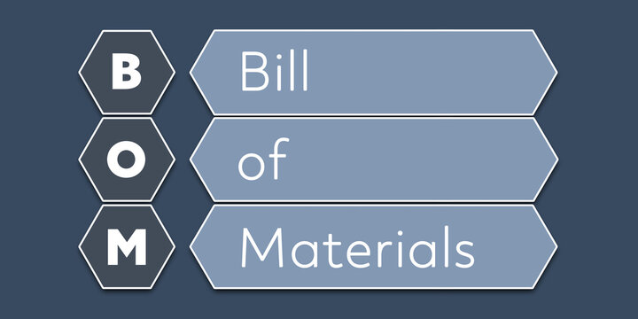 BOM Bill of Materials. An Acronym Abbreviation of a term from the software industry. Illustration isolated on blue background