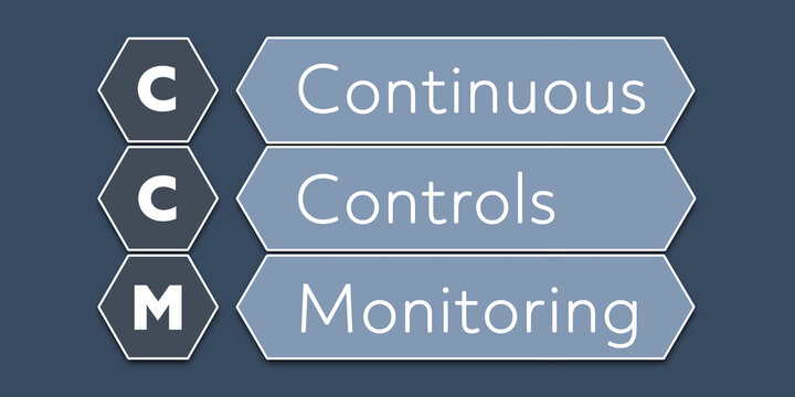 CCM Continuous Controls Monitoring. An Acronym Abbreviation of a term from the software industry. Illustration isolated on blue background