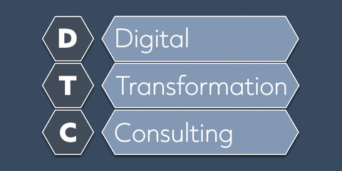 DTC Digital Transformation Consulting. An Acronym Abbreviation of a term from the software industry. Illustration isolated on blue background