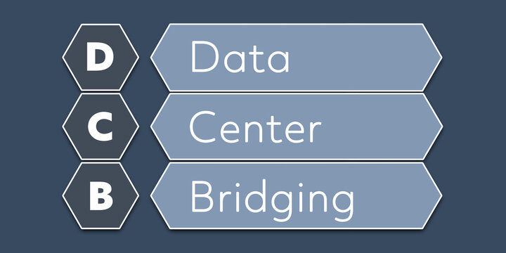 DCB Data Center Bridging. An Acronym Abbreviation of a term from the software industry. Illustration isolated on blue background